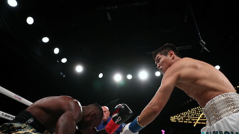 September 13, 2019; New York, NY, USA;  Daniyar Yeleussinov and Reshard Hicks during their bout at the Hulu Theater at Madison Square Garden. Mandatory Credit: Ed Mulholland/Matchroom Boxing USA