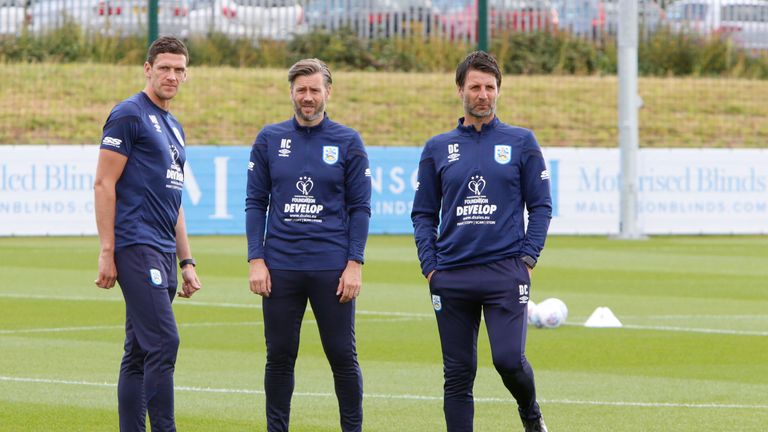 Danny Cowley, brother Nicky Cowley and Mark Hudson during a training session at Huddersfield Town's PPG Canalside complex