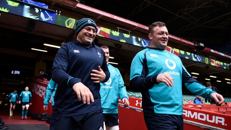 CARDIFF, WALES - MARCH 15: Ireland players Rory Best (l) and Dave Kilcoyne share a joke as they enter the field during Wales training ahead of the Guinness Six Nations match against Ireland at Millennium Stadium on March 15, 2019 in Cardiff, Wales. (Photo by Stu Forster/Getty Images)