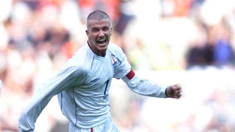 David Beckham celebrates his equalising goal against Greece which sent England to the 2002 World Cup