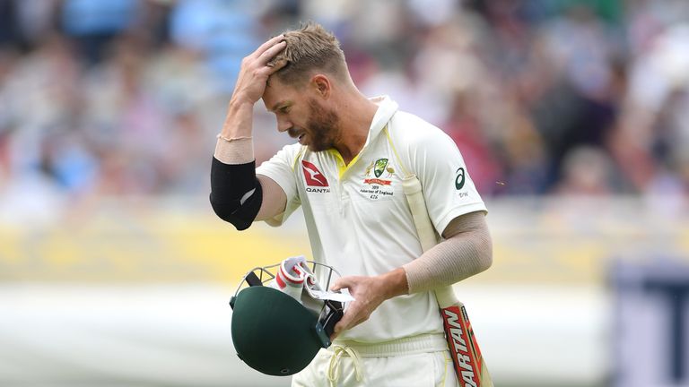 Australia's David Warner reacts after he is given out following a review on day three of the 1st Ashes Test