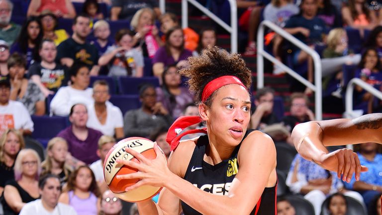 Dearica Hamby #5 of the Las Vegas Aces drives through the paint during the game against the Phoenix Mercury on September 8, 2019 at the Talking Stick Resort Arena, in Phoenix, Arizona. NOTE TO USER: User expressly acknowledges and agrees that, by downloading and or using this photograph, User is consenting to the terms and conditions of the Getty Images License Agreement. Mandatory Copyright Notice: Copyright 2019 NBAE