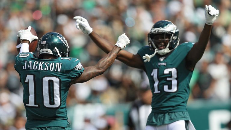 Wide receiver DeSean Jackson of the Philadelphia Eagles celebrates after scoring a touchdown against the Washington Redskins