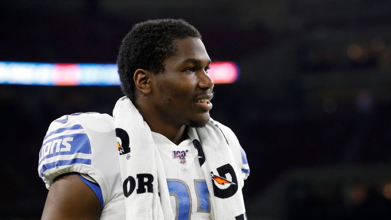 Kerryon Johnson of the Detroit Lions reacts on the sideline in the second half against the Houston Texans.