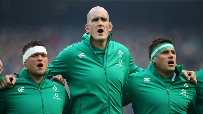 Devin Toner (c) of Ireland leads the anthems prior to tthe NatWest Six Nations match between Ireland and Wales at Aviva Stadium on February 24, 2018 in Dublin, Ireland. (