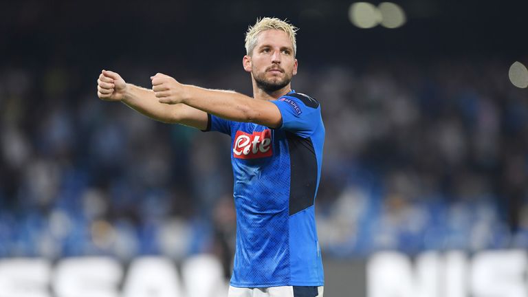 Dries Mertens of SSC Napoli celebrates after scoring the 1-0 goal during the UEFA Champions League group E match between SSC Napoli and Liverpool