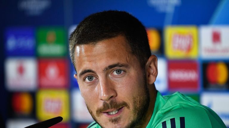 Eden Hazard speaks during a Champions League press conference