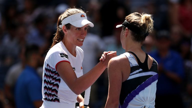 Elina Svitolina (R) of the of the Ukraine shakes hands with Johanna Konta (L) of Great Britain after their Women's Singles quarterfinal match on day nine of the 2019 US Open at the USTA Billie Jean King National Tennis Center on September 03, 2019 in the Queens borough of New York City
