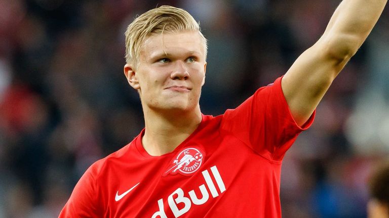 Erling Haaland celebrates his Champions League hat-trick for Red Bull Salzburg