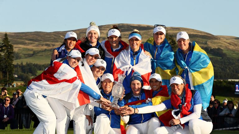 Catriona Matthew and the European team with the Solheim Cup