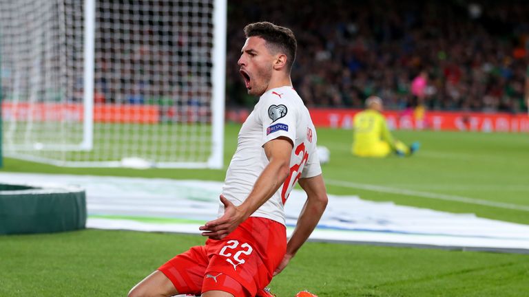 Fabian Schar of Switzerland celebrates his goal against the Republic of Ireland
