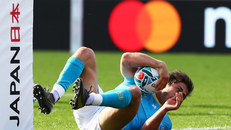 KAMAISHI, JAPAN - SEPTEMBER 25: Santiago Arata of Uruguay scores his side's first try during the Rugby World Cup 2019 Group D game between Fiji and Uruguay at Kamaishi Recovery Memorial Stadium on September 25, 2019 in Kamaishi, Iwate, Japan.