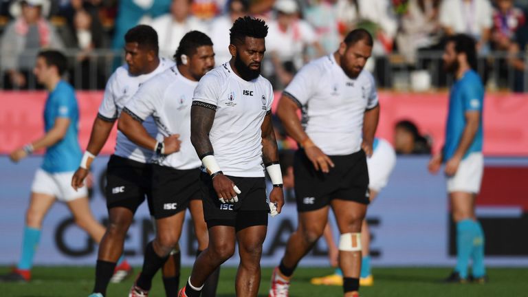 Fiji's scrum-half Nikola Matawalu (C) reacts during the Japan 2019 Rugby World Cup Pool D match between Fiji and Uruguay at the Kamaishi Recovery Memorial Stadium in Kamaishi on September 25, 2019. 