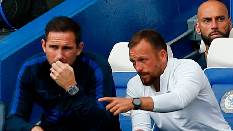 Frank Lampard and his assistant Jody Morris in the dugout at Stamford Bridge during the 2-2 draw with Sheffield United