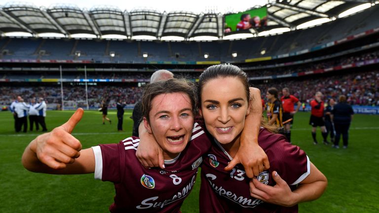 Aoife Donohue, left, and Noreen Coen of Galway celebrate following their victory over Kilkenny