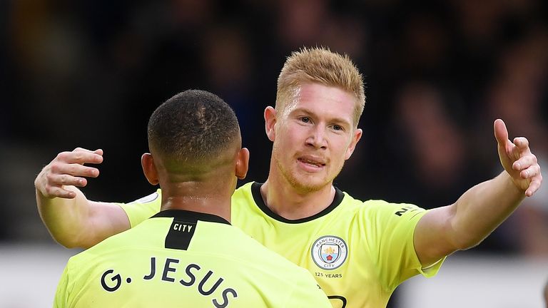 Gabriel Jesus and Kevin De Bruyne celebrate after Man City go 1-0 up