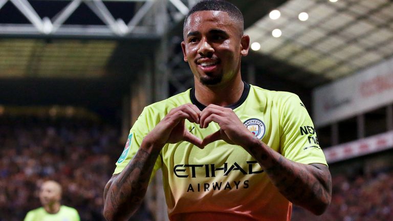 Gabriel Jesus celebrates stretching Manchester City's lead at Preston