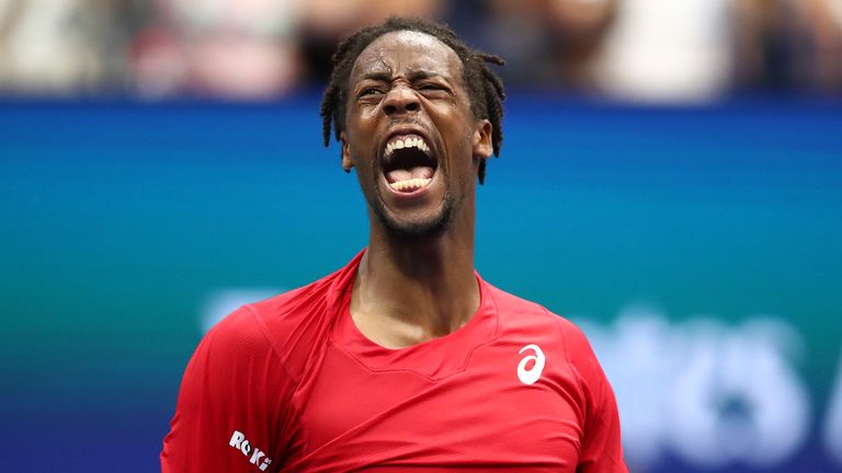 Gael Monfils of France celebrates after winning the fourth set during his Men's Singles quarterfinal match against Matteo Berrettini of Italy on day ten of the 2019 US Open at the USTA Billie Jean King National Tennis Center on September 04, 2019 in the Queens borough of New York City