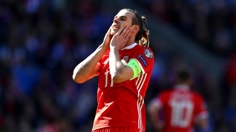 Gareth Bale reacts after missing a chance during the Euro 2020, group E qualifying match between Wales and Slovakia