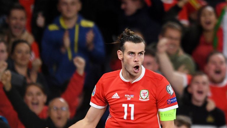 Gareth Bale celebrates making it 2-1 for Wales against Azerbaijan