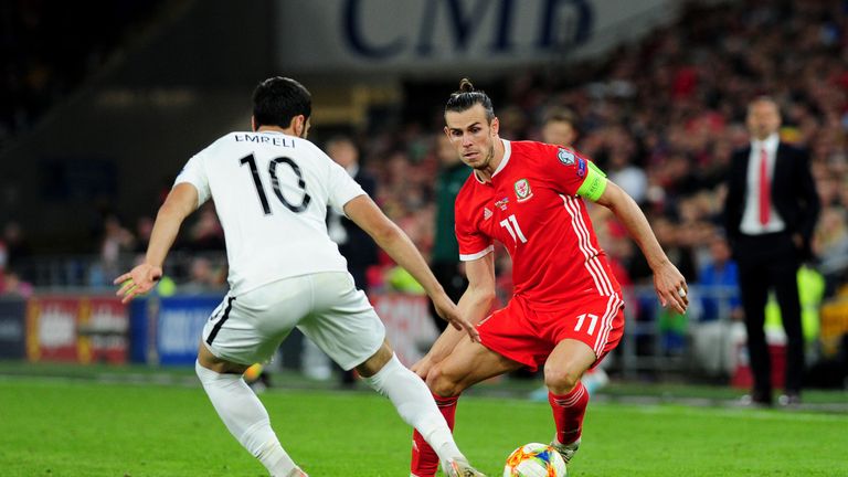 Gareth Bale of Wales in action against Azerbaijan