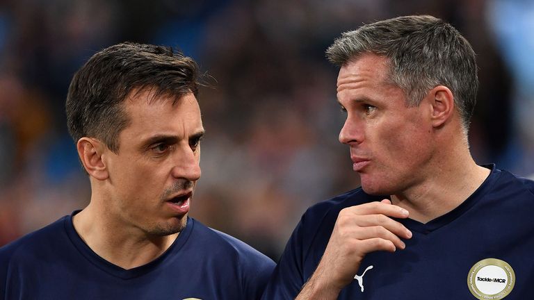Premier League All-stars XI&#39;s Gary Neville (L) talks with Premier League All-stars XI&#39;s Jamie Carragher ahead of the Vincent Kompany testimonial football match between the Manchester City Legends and the Premier League All-stars XI at the Etihad Stadium in Manchester, northwest England, on September 11, 2019