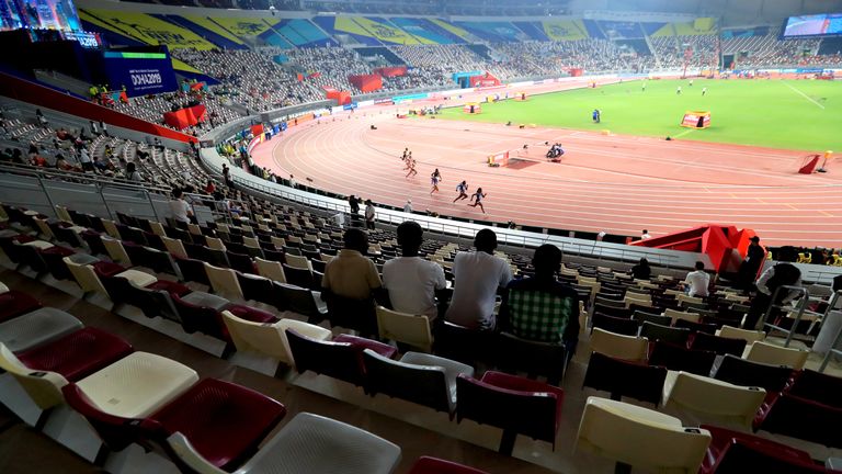 A general view of empty seating in the stadium during the Women's 200 Metres Heats on day four of the IAAF World Championships at The Khalifa International Stadium, Doha, Qatar.