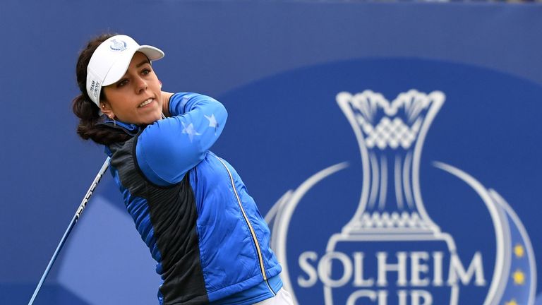 Europe's Georgia Hall watches her drive from the 1st tee during the singles on the third day of The Solheim Cup golf tournament at Gleneagles in Scotland, on September 15, 2019. (Photo by ANDY BUCHANAN / AFP) / RESTRICTED TO EDITORIAL USE (Photo credit should read ANDY BUCHANAN/AFP/Getty Images)