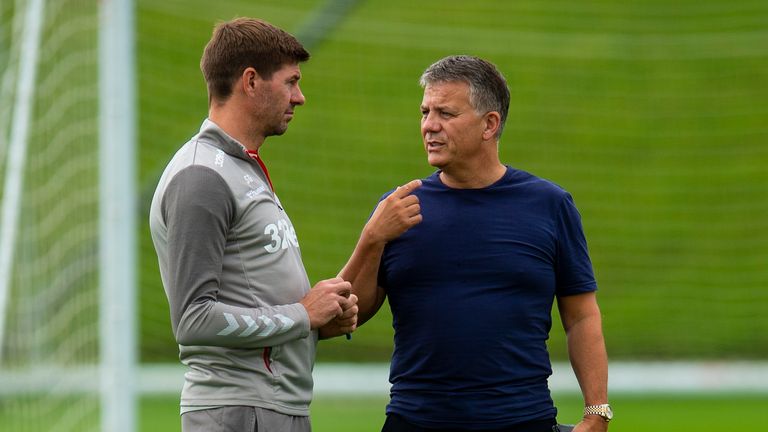 Rangers manager Steven Gerrard speaks to director of football Mark Allen