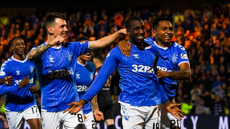 Glen Kamara celebrates after scoring to make it 1-0 during the Betfred Cup Quarter Final between Livingston and Rangers at the Tony Macaroni Arena