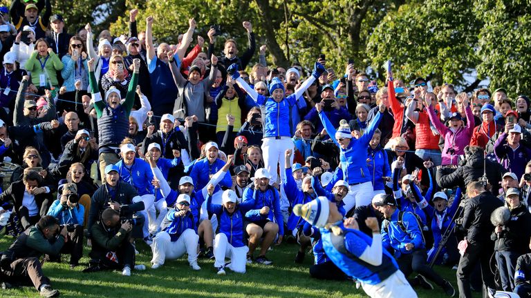 Suzann Pettersen celebrates holing the winning putt for Europe in the 2019 Solheim Cup