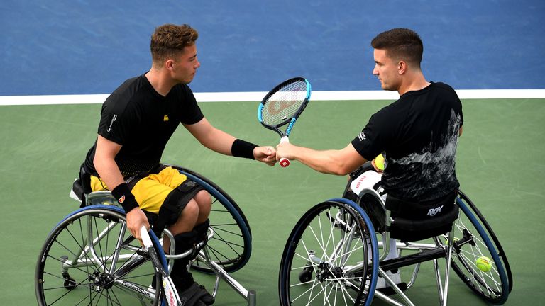 Gordon Reid and Alfie Hewett of Great Britain in action during their Wheelchair Men's Doubles semifinal match against Stephane Houdet and Nicolas Peifer of France on day eleven of the 2019 US Open at the USTA Billie Jean King National Tennis Center on September 05, 2019 in the Queens borough of New York City.