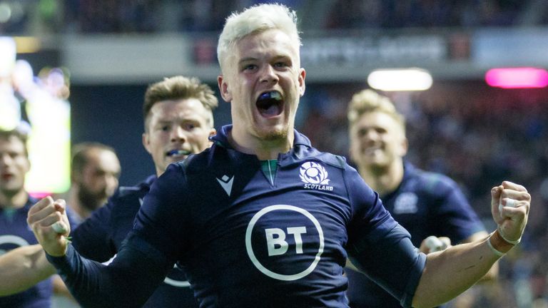 EDINBURGH, SCOTLAND - SEPTEMBER 06: Darcy Graham of Scotland scores try at Murrayfield on September 6, 2019 in Edinburgh, United Kingdom. (Photo by Robert Perry/Getty Images)