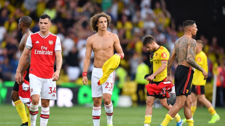 Granit Xhaka and David Luiz at full-time in the 2-2 draw with Watford