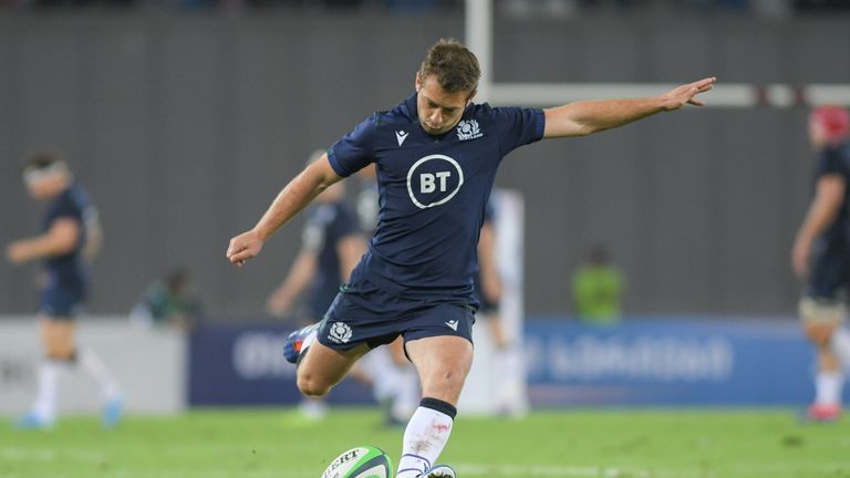 TBILISI, GEORGIA - AUGUST 31: Greig Laidlow of Scotland kicks the conversion during the rugby international match between Georgia and Scotland at Dinamo Arena on August 31, 2019 in Tbilisi, Georgia. (Photo by Levan Verdzeuli/Getty Images)