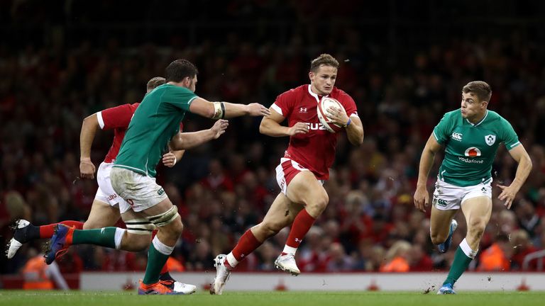 CARDIFF, WALES - AUGUST 31: Wales full back Hallam Amos makes a break during the International match between Wales and Ireland at Principality Stadium on August 31, 2019 in Cardiff, Wales. (Photo by Stu Forster/Getty Images)