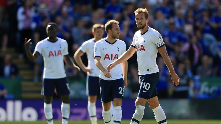 Harry Kane looks on during Tottenham&#39;s 2-1 defeat to Leicester in September 2019