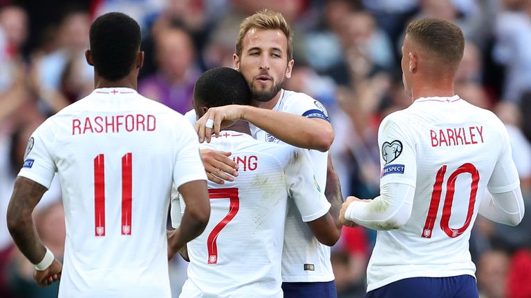 Harry Kane celebrates scoring for England against Bulgaria
