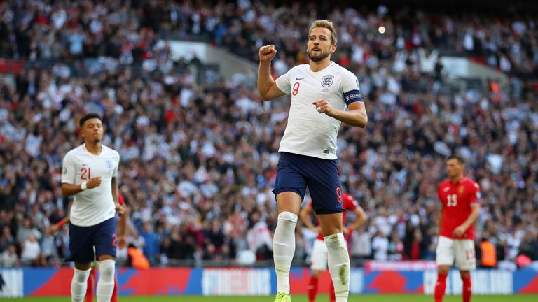 Harry Kane celebrates scoring his third against Bulgaria