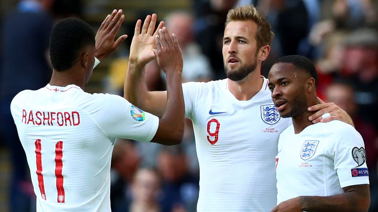 Harry Kane celebrates scoring for England against Bulgaria