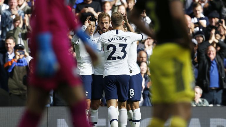Harry Kane celebrates with team-mates after restoring Spurs' lead