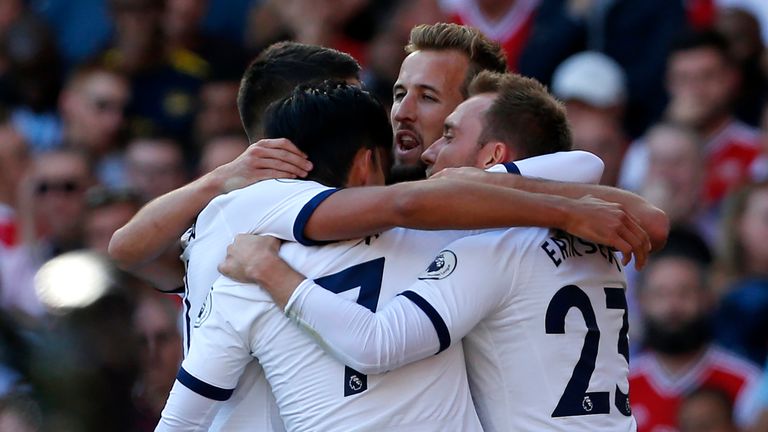 Tottenham celebrate a goal against Arsenal