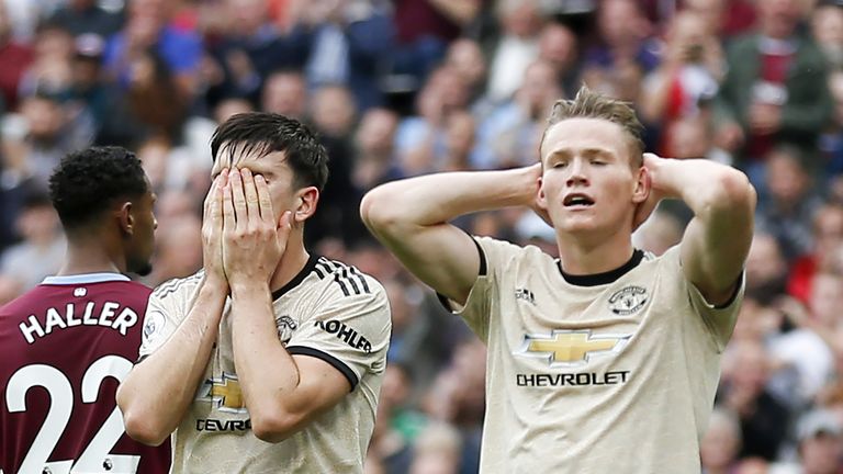 Harry Maguire and Scott McTominay react to a missed chance at goal