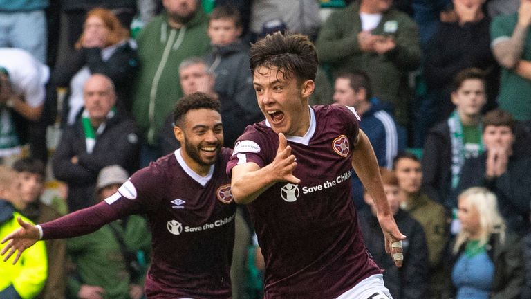 EDINBURGH, SCOTLAND - SEPTEMBER 22:  Aaron Hickey celebrates after scoring to make it 2-1 during the Ladbrokes Premiership match between Hibs and Hearts at Easter Road, on September 22, 2019, in Edinburgh, Scotland. (Photo by Ross Parker / SNS Group)