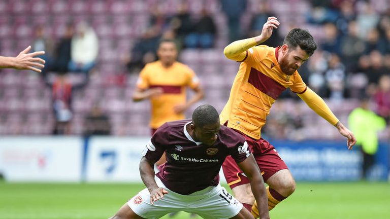 Hearts' Uche Ikpeazu (left) battles With Motherwell's Liam Donnelly