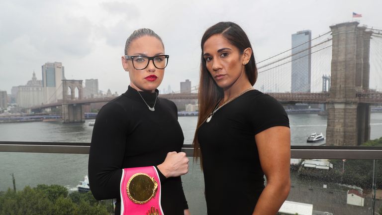 August 13, 2019; New York, NY; WBO women...s featherweight champion Heather Hardy and challenger Amanda Serrano face off outside Madison Square Garden in New York City.  The two will meet on the September 13, 2019 Matchroom Boxing USA card at the Hulu Theater at Madison Square Garden.  Mandatory Credit: \152016000552\/Matchroom Boxing USA