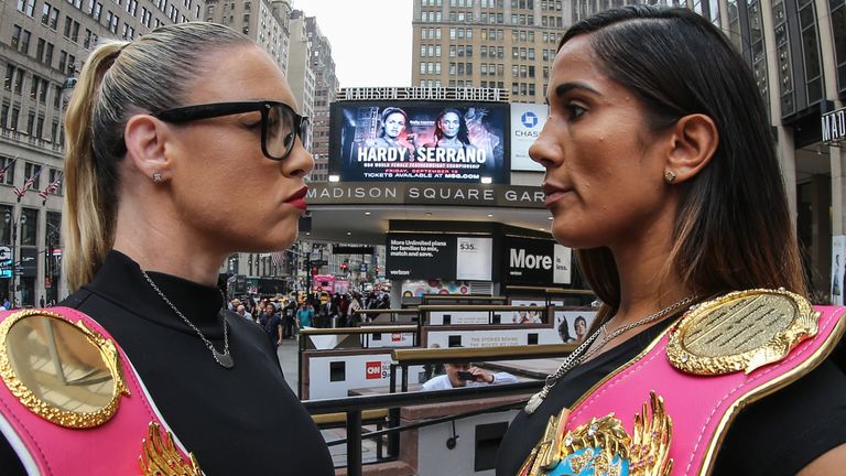 August 13, 2019; New York, NY; WBO women...s featherweight champion Heather Hardy and challenger Amanda Serrano face off outside Madison Square Garden in New York City.  The two will meet on the September 13, 2019 Matchroom Boxing USA card at the Hulu Theater at Madison Square Garden.  Mandatory Credit: \062012000976\/Matchroom Boxing USA