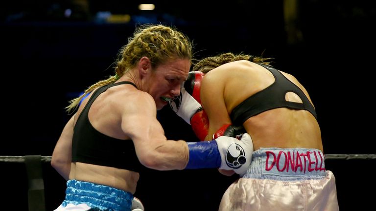 Heather Hardy  Anna Hultin during their featherweight bout at Barclays Center on April 16, 2016 in the Brooklyn borough of New York City.