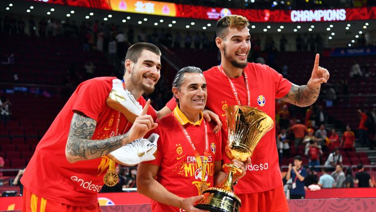 Willy Hernangomez and Juan Hernangomez of Spain celebrate after defeating Argentina to win the 2019 FIBA World Cup