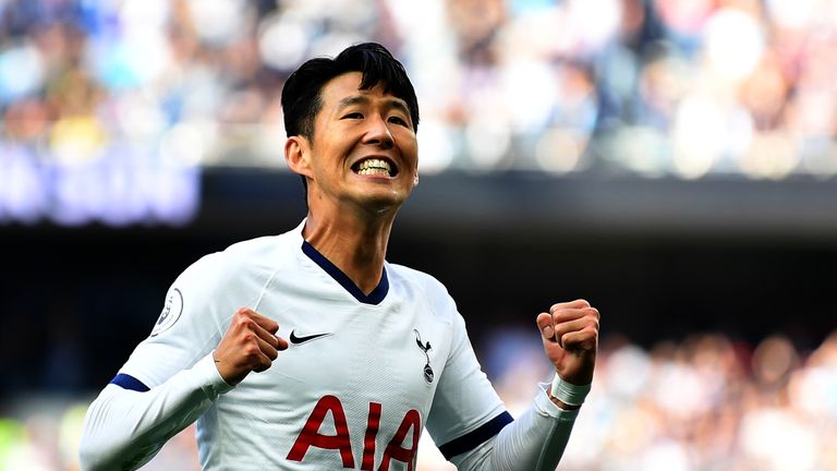 Heung-Min Son celebrates after he scores Tottenham's first goal